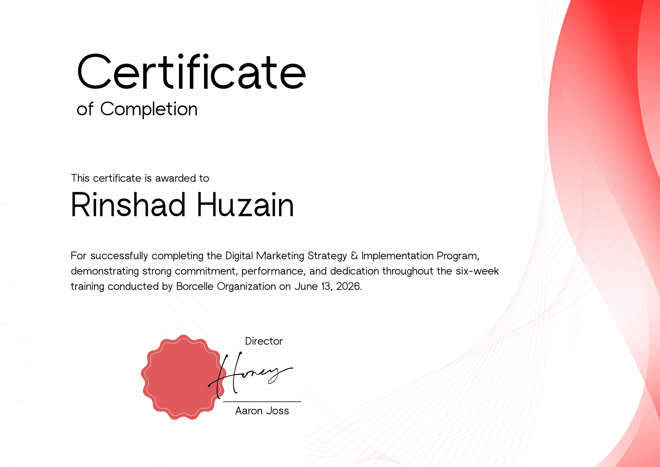 Red Simple Modern Elegant Digital Marketing Certificate